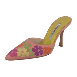 Manolo Blahnik Floral Patchwork Suede Mules Pink Heels Sz 36